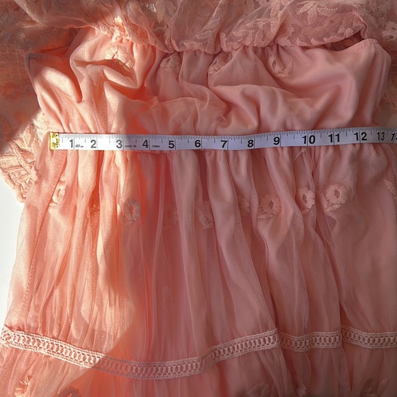 Peach prairie dress vintage lace style off the shoulder floral design small med - Picture 13 of 15